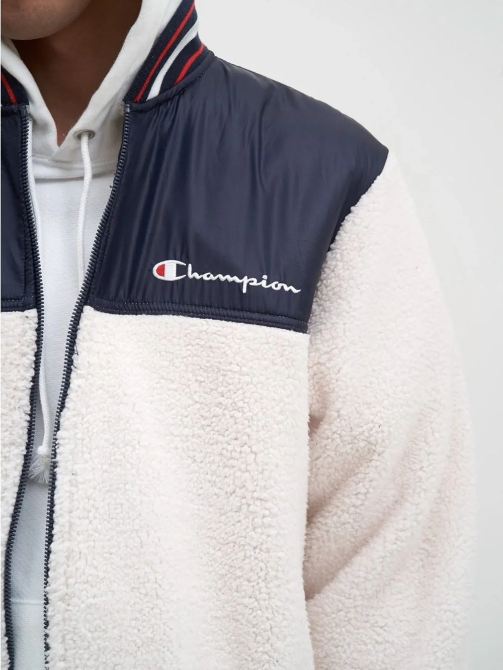 Champion Cream Sherpa Bomber Jacket with Navy Yoke - Picture 2 of 4